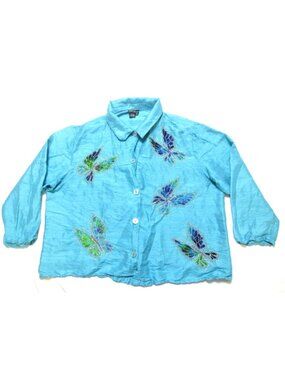 Vtg Y2K Jeevan 100% Silk Butterfly Beaded Embroidered Top‎ Sz 2X Fairycore Boho